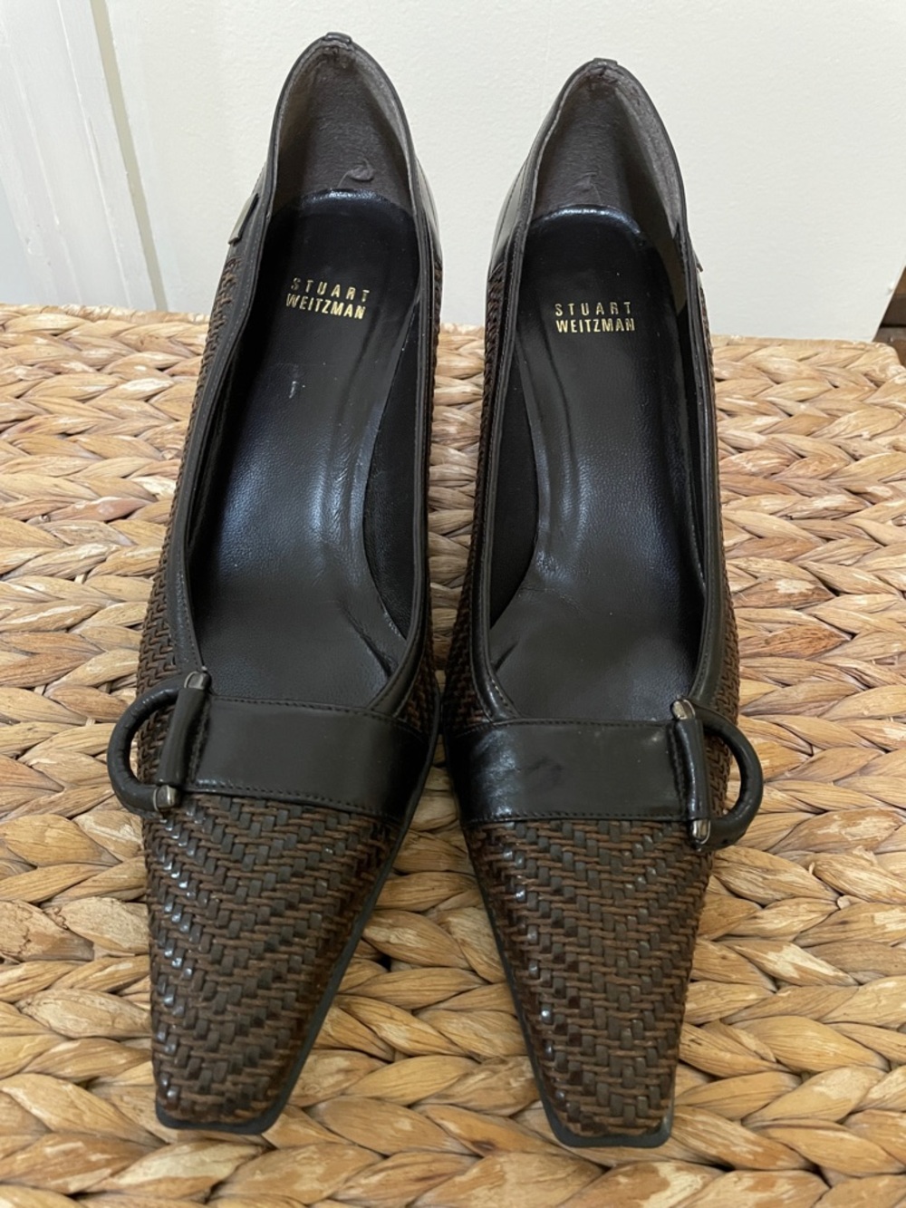 Stuart Weitzman Brown Woven Leather Pointed Toe Pumps with Black Strap